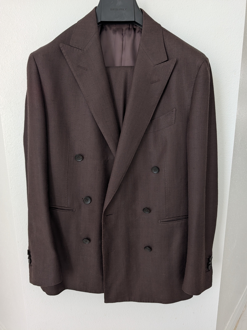 Suitsupply Custom Brown Herringbone DB Suit | 38S | Wool Silk Linen